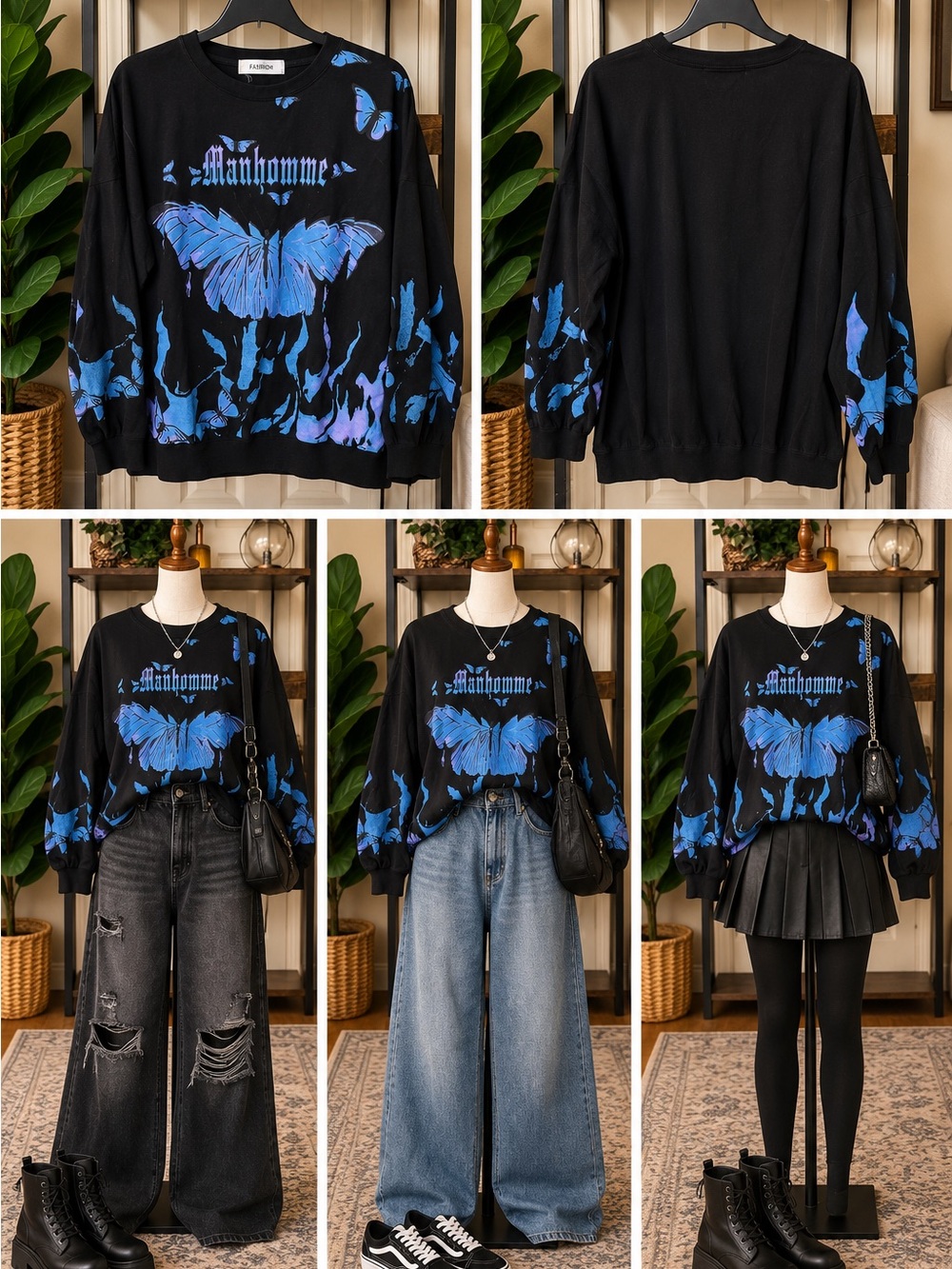 Manhomme Black Butterfly Flame Graphic Long Sleeve Shirt Y2K Alt Streetwear